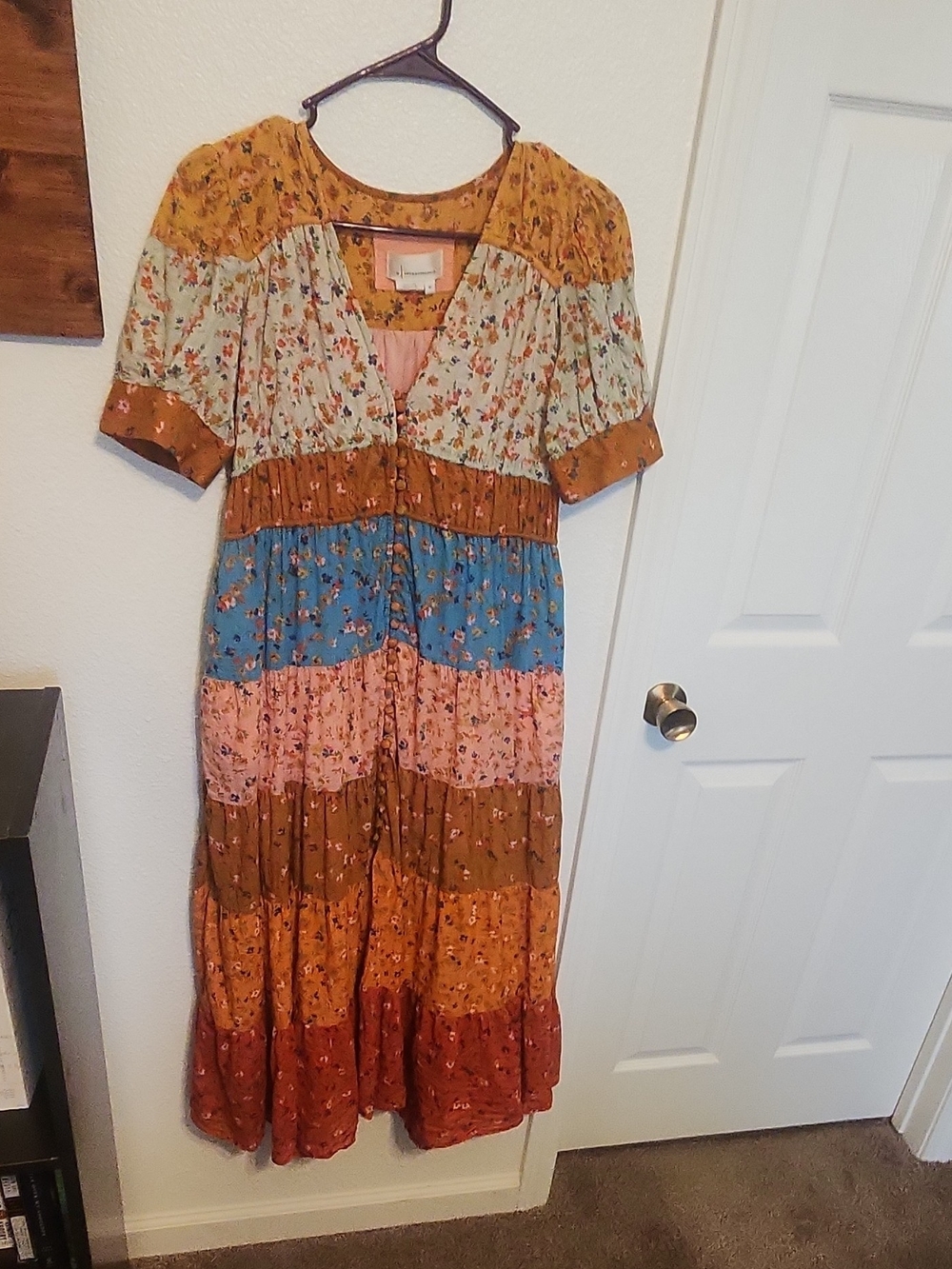 Anthropologie Patchwork Floral Maxi Dress in Mustard, Blue & Pink